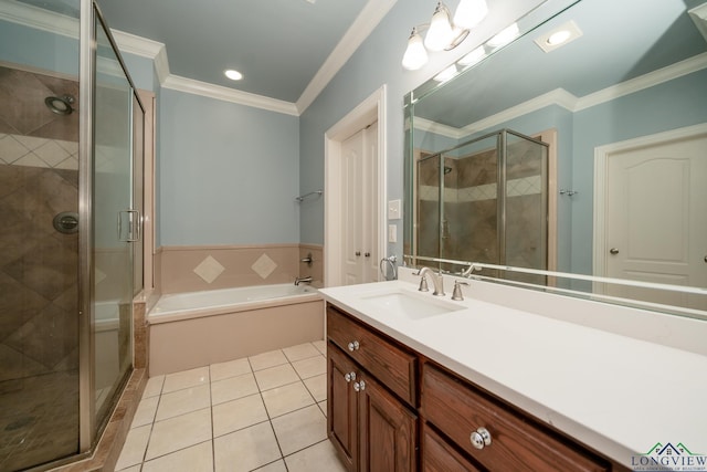 bathroom with tile patterned floors, vanity, crown molding, and plus walk in shower