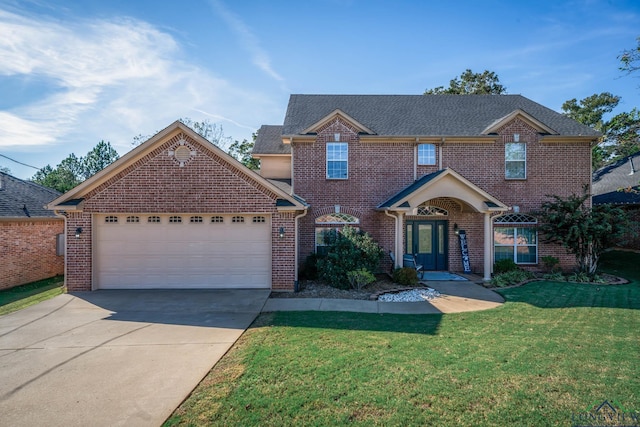 view of front of house with a garage and a front lawn