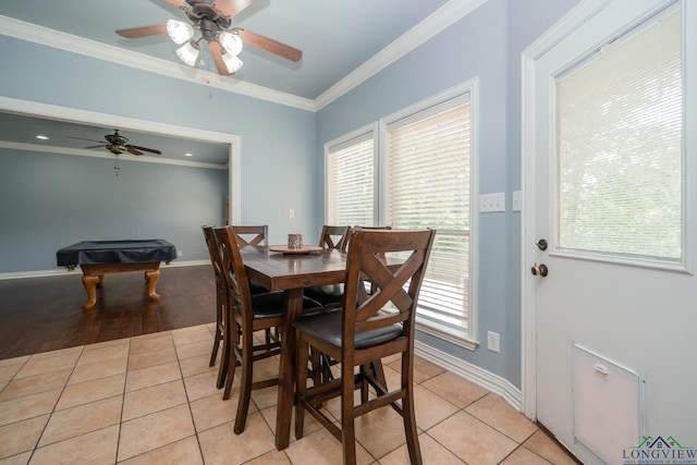 dining area featuring light tile patterned floors, ceiling fan, ornamental molding, and pool table