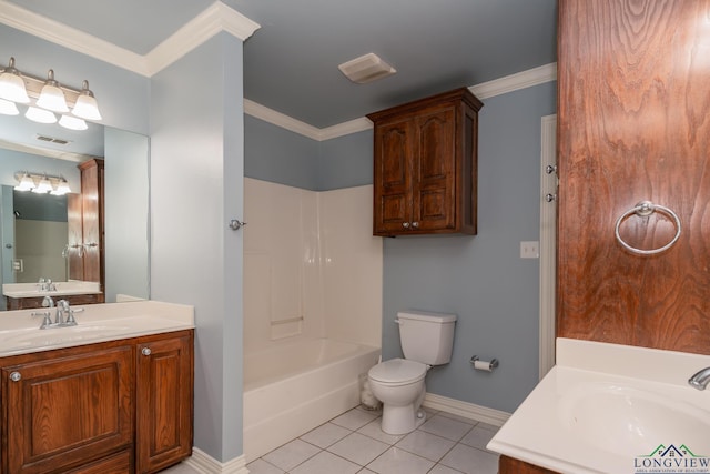 full bathroom with tile patterned floors, ornamental molding, vanity, shower / tub combination, and toilet