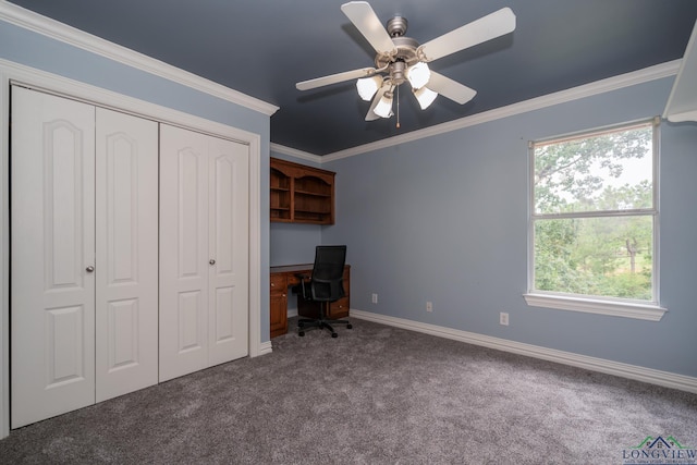 unfurnished office featuring carpet, ceiling fan, and crown molding