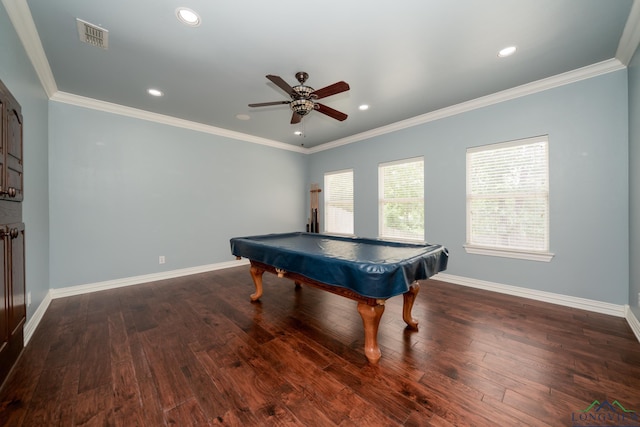 rec room featuring ceiling fan, dark hardwood / wood-style flooring, crown molding, and pool table