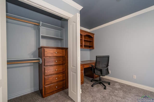 office featuring crown molding and dark carpet