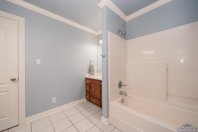 bathroom featuring tile patterned floors, vanity,  shower combination, and crown molding