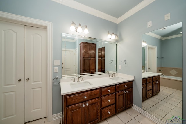 bathroom with tile patterned floors, vanity, and ornamental molding