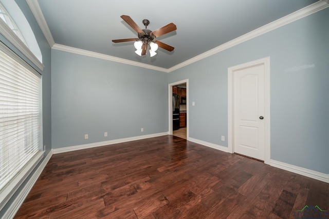 empty room with a healthy amount of sunlight, ceiling fan, and ornamental molding