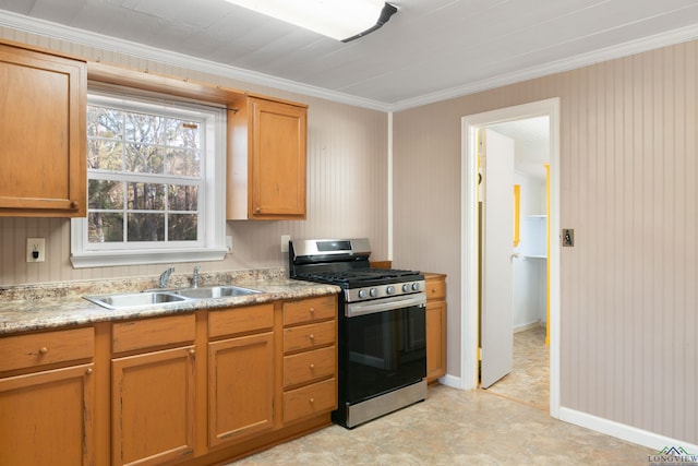 kitchen with ornamental molding, stainless steel range with gas stovetop, and sink