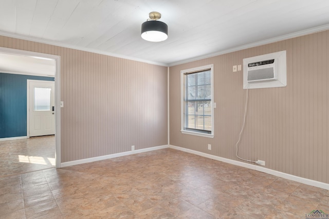 unfurnished room featuring ornamental molding and a wall mounted air conditioner