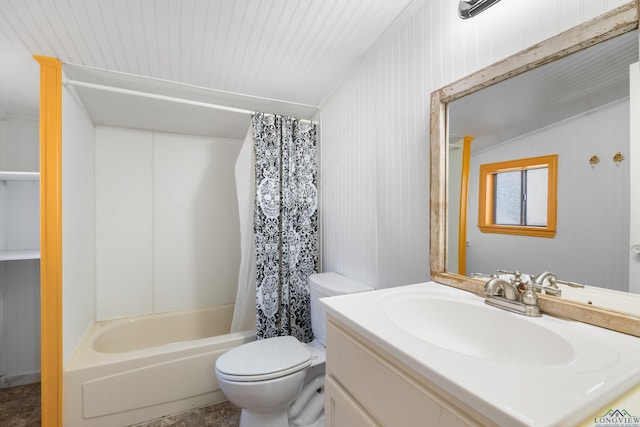 full bathroom featuring vanity, shower / tub combo, and toilet