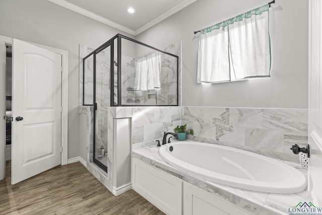 bathroom featuring crown molding and plus walk in shower