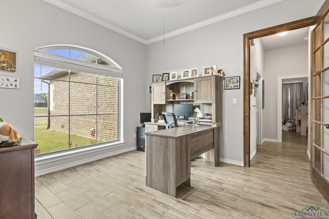 office area featuring crown molding and french doors