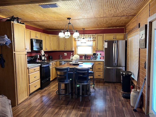 kitchen with black appliances, hanging light fixtures, dark hardwood / wood-style floors, a kitchen island, and wood ceiling