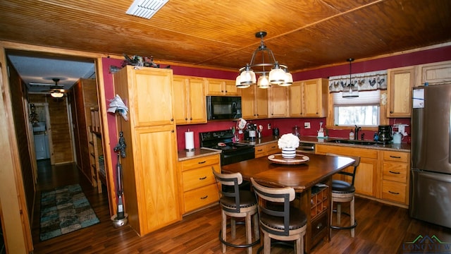 kitchen featuring wood ceiling, ceiling fan, sink, and black appliances