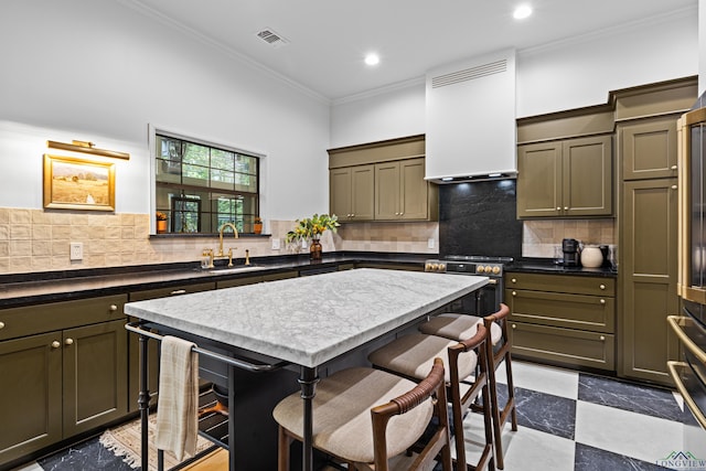6307 Shady Oaks Dr, Tyler, TX 75703 - kitchen featuring wall chimney exhaust hood, a kitchen bar, a sink, stainless steel range, and crown molding