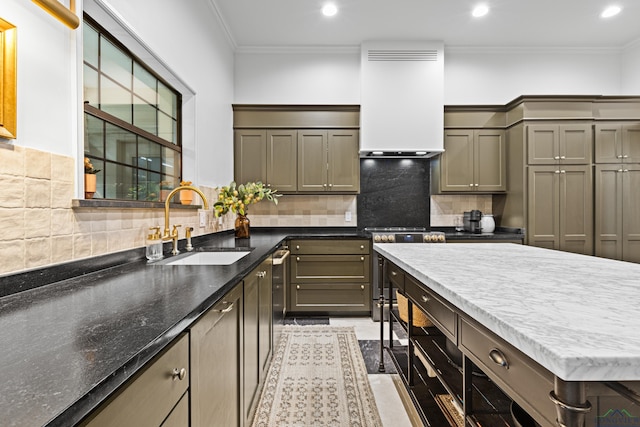 6307 Shady Oaks Dr, Tyler, TX 75703 - kitchen with wall chimney range hood, a sink, ornamental molding, recessed lighting, and backsplash