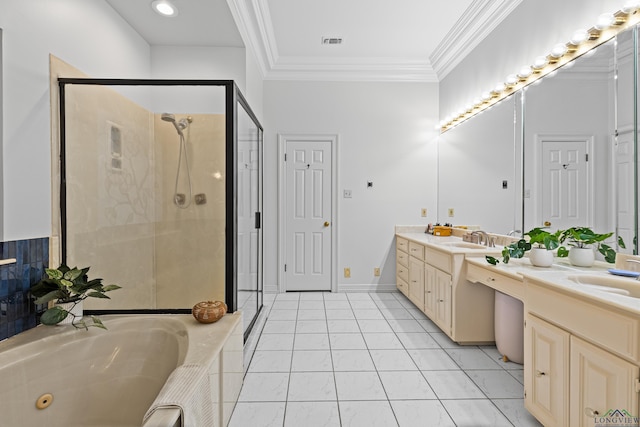 6307 Shady Oaks Dr, Tyler, TX 75703 - full bath featuring double vanity, a whirlpool tub, a shower stall, ornamental molding, and marble finish flooring