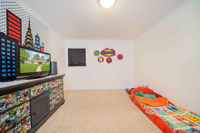 bedroom with carpet, a textured ceiling, and ornamental molding