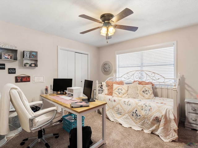 carpeted home office featuring a ceiling fan