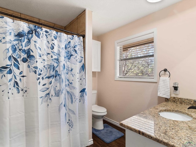 bathroom featuring toilet, vanity, a shower with curtain, wood finished floors, and a textured ceiling