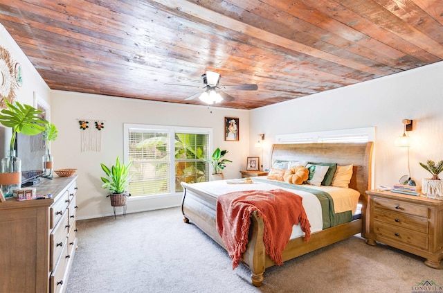 carpeted bedroom featuring ceiling fan and wood ceiling