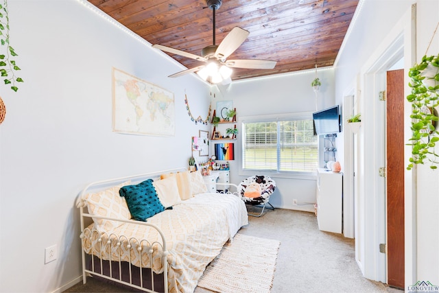 bedroom with carpet flooring, ceiling fan, and wooden ceiling