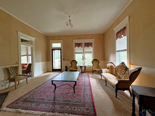 carpeted living room with plenty of natural light, ornamental molding, and a textured ceiling