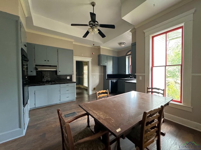 dining room with a raised ceiling, crown molding, dark wood-type flooring, and a wealth of natural light