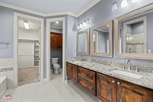 224 Stonegate Dr, Carthage, TX 75633 - full bath featuring double vanity, tiled shower, crown molding, tile patterned floors, and a tub to relax in