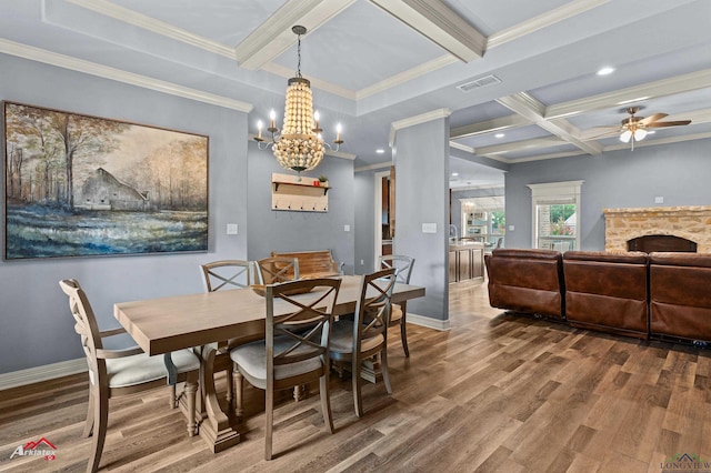 224 Stonegate Dr, Carthage, TX 75633 - dining room with wood finished floors, coffered ceiling, beamed ceiling, a chandelier, and ceiling fan