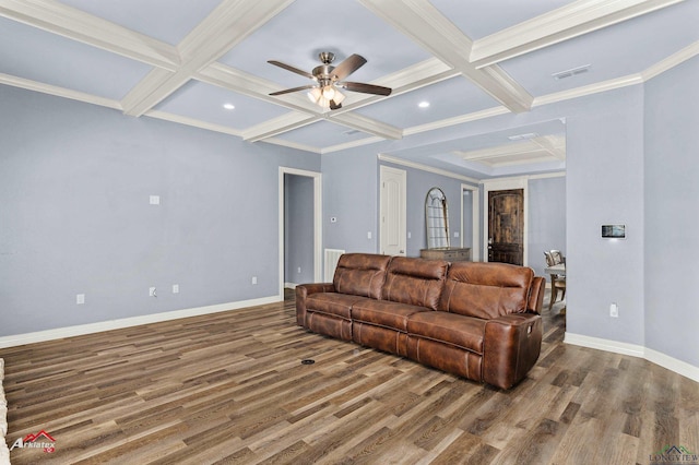 224 Stonegate Dr, Carthage, TX 75633 - living room with coffered ceiling, wood finished floors, ceiling fan, beamed ceiling, and recessed lighting