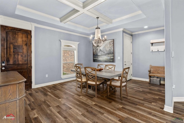 224 Stonegate Dr, Carthage, TX 75633 - dining area featuring dark wood-style flooring, beam ceiling, a chandelier, coffered ceiling, and plenty of natural light