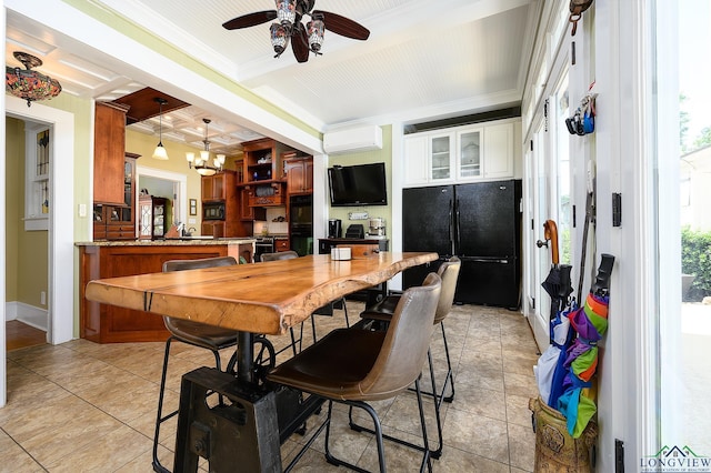 dining space featuring coffered ceiling, an AC wall unit, crown molding, light tile patterned floors, and ceiling fan with notable chandelier