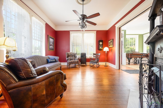 living room with ceiling fan and wood-type flooring