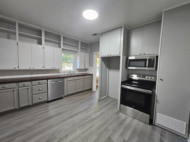 kitchen with appliances with stainless steel finishes, gray cabinets, light hardwood / wood-style floors, and sink