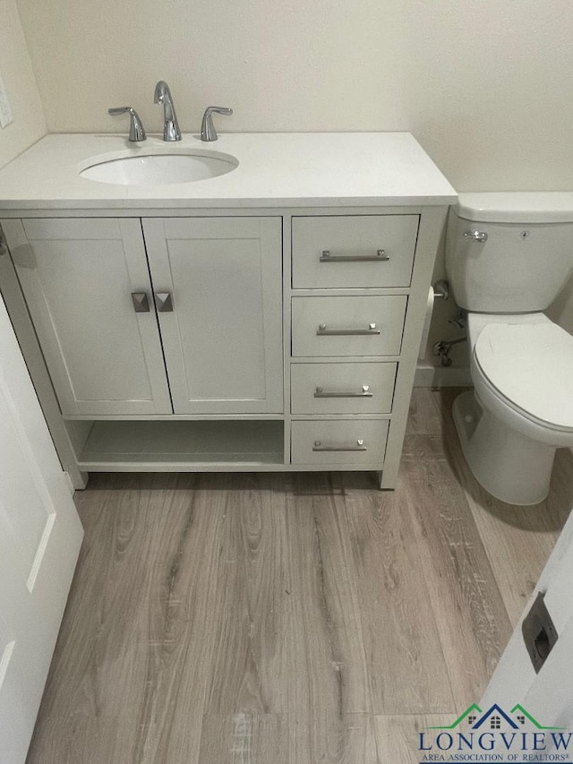 bathroom featuring vanity, wood-type flooring, and toilet