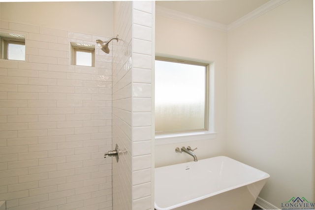 bathroom featuring crown molding, sink, and a tub