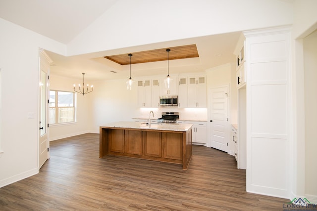 kitchen featuring white cabinetry, stainless steel appliances, a raised ceiling, light stone counters, and an island with sink