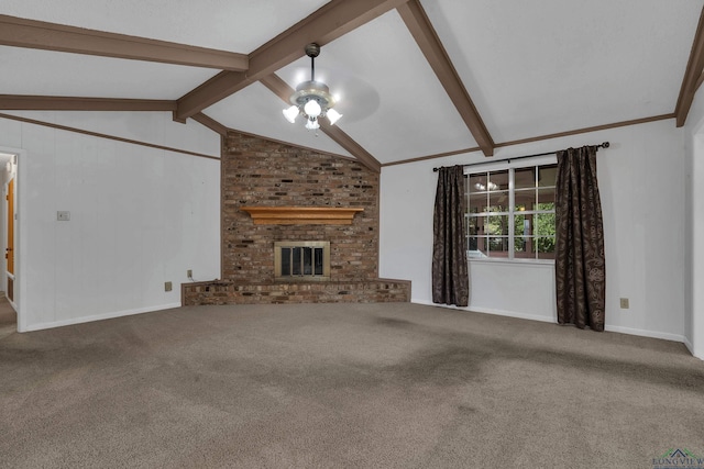 unfurnished living room with carpet, lofted ceiling with beams, ceiling fan, and a brick fireplace