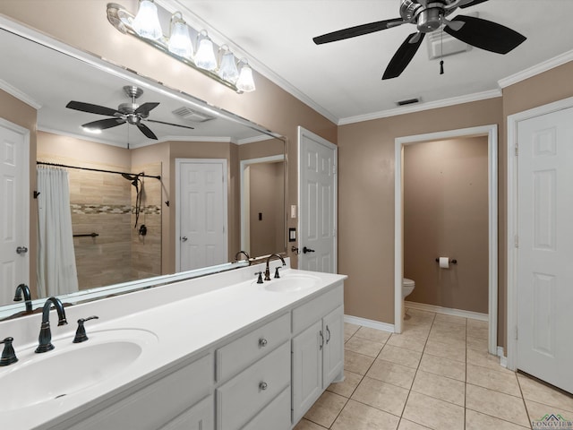 bathroom with ceiling fan, toilet, ornamental molding, a shower with shower curtain, and tile patterned flooring