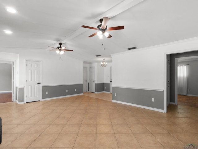 unfurnished living room with ceiling fan, a chandelier, light tile patterned floors, baseboards, and recessed lighting