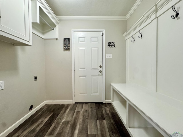 mudroom featuring dark wood-type flooring and ornamental molding