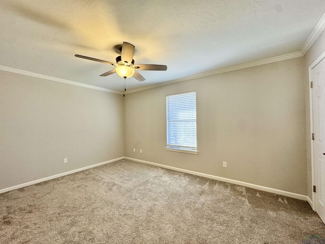 carpeted empty room featuring ceiling fan, crown molding, and a textured ceiling