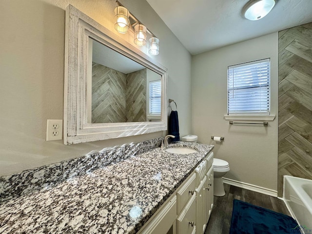 bathroom with a washtub, a wealth of natural light, toilet, and vanity