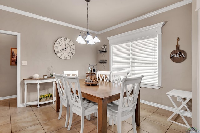 dining space with light tile patterned floors, baseboards, ornamental molding, and a chandelier