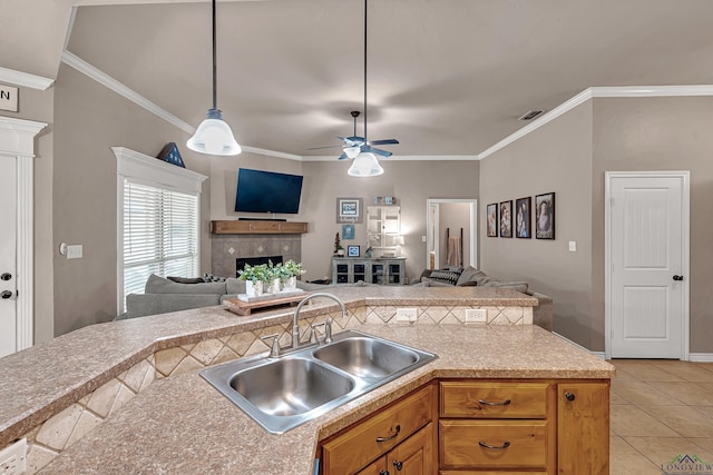 kitchen with visible vents, open floor plan, a sink, and ornamental molding