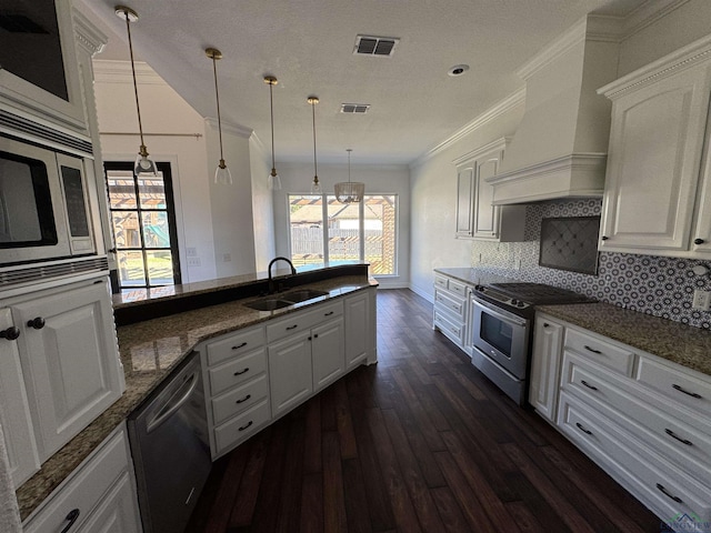 kitchen with white cabinets, premium range hood, sink, and appliances with stainless steel finishes