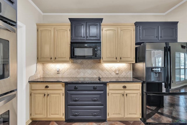 kitchen featuring dark stone counters, backsplash, crown molding, and black appliances