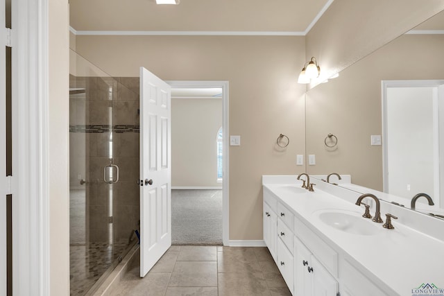 bathroom featuring crown molding, tile patterned flooring, vanity, and a shower with door