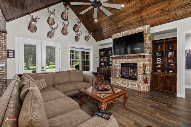 living room featuring wooden ceiling, french doors, ceiling fan, dark hardwood / wood-style floors, and a fireplace