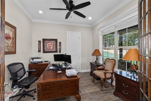 office area with ceiling fan and ornamental molding